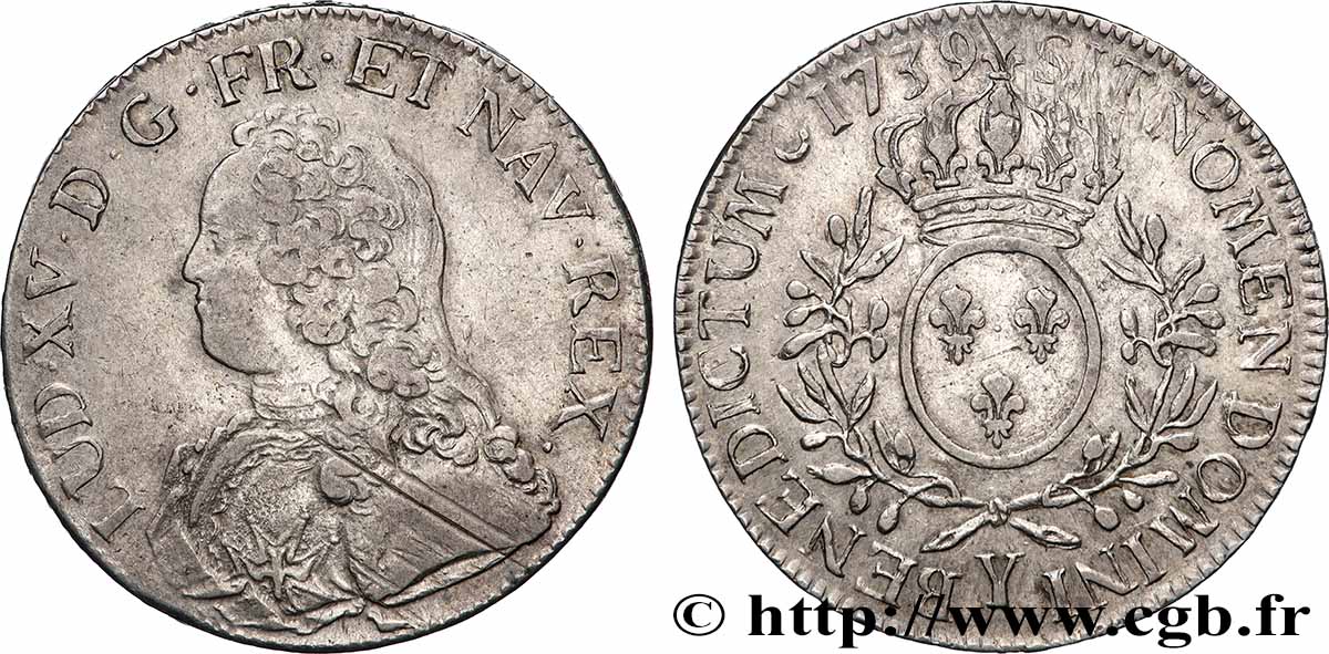 LOUIS XV DIT LE BIEN AIMÉ Écu aux branches d&nbsp;olivier, buste habillé 1739 Bourges TB+/TTB