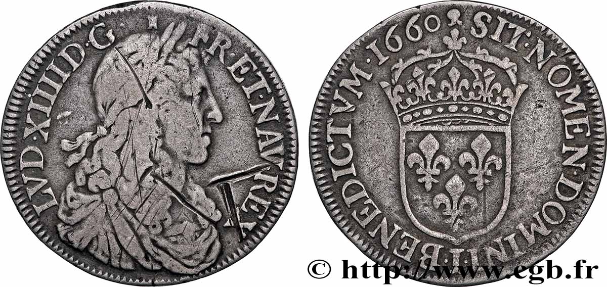 LOUIS XIV &nbsp;THE SUN KING&nbsp; Demi-écu, portrait apollinien 1660 Limoges fS/fSS