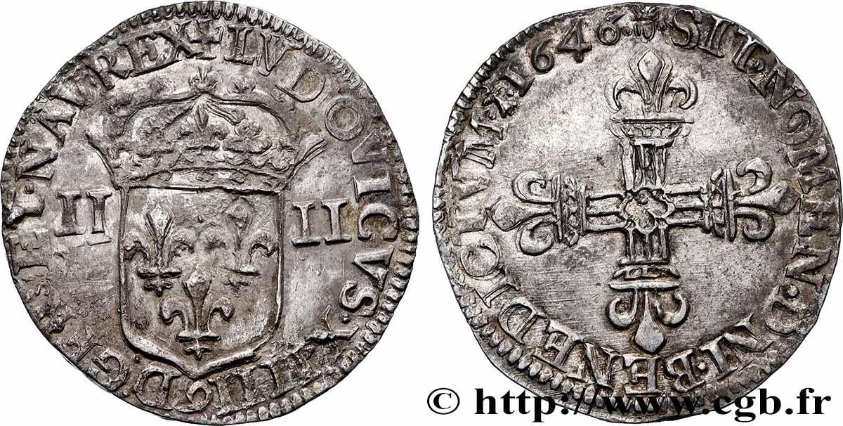 LOUIS XIV &nbsp;THE SUN KING&nbsp; Quart d&nbsp;écu, titulature côté écu 1646 Rennes MBC/MBC+