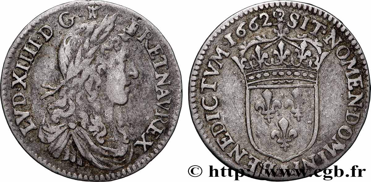 LOUIS XIV LE GRAND OU LE ROI SOLEIL Douzième d&nbsp;écu, portrait apollinien 1662 Limoges TB/TB+