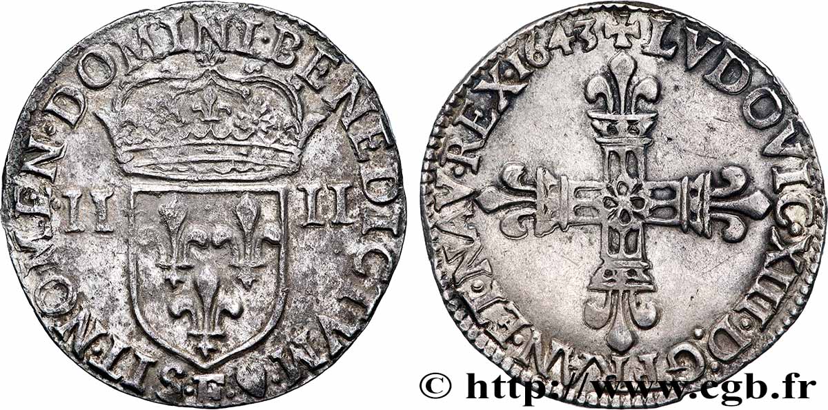 LOUIS XIII LE JUSTE Quart d&nbsp;écu, titulature côté croix 1643 Angers TTB+/TTB