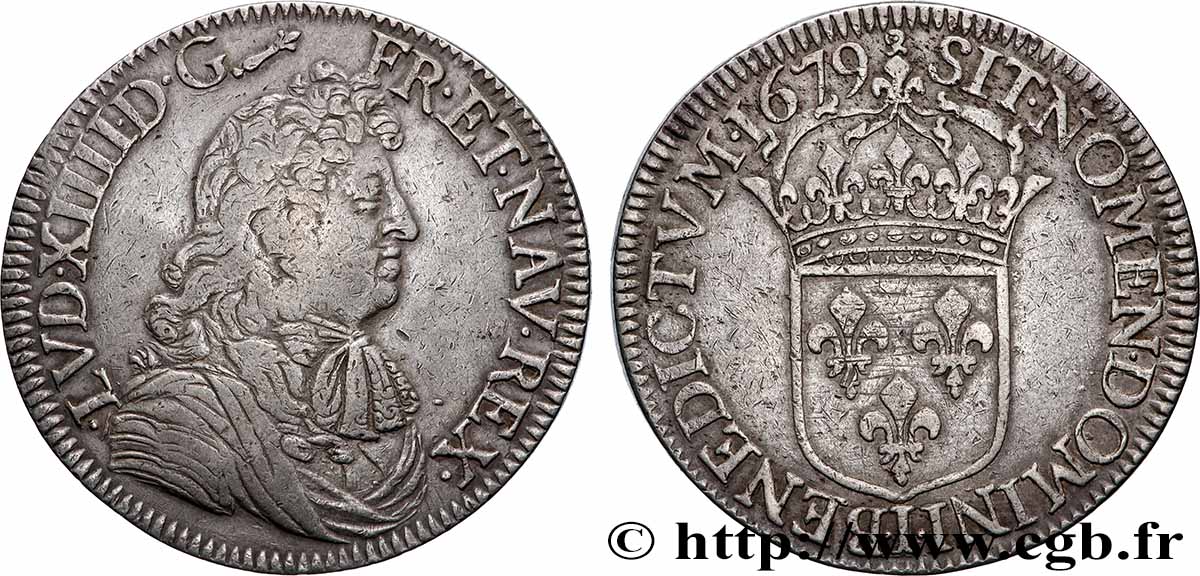 LOUIS XIV &nbsp;THE SUN KING&nbsp; Écu, portrait à la cravate courte 1679 Limoges VF/XF