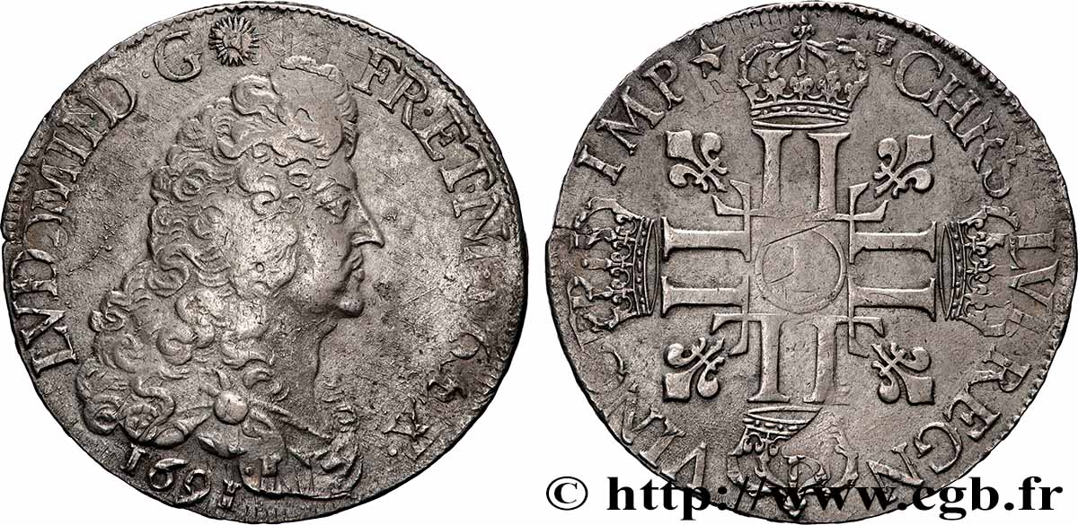 LOUIS XIV &nbsp;THE SUN KING&nbsp; Écu aux huit L, 1er type 1691 Limoges AU