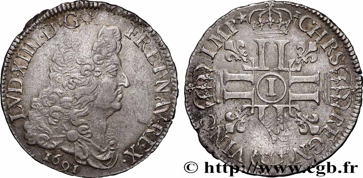 LOUIS XIV LE GRAND OU LE ROI SOLEIL Demi-écu aux huit L, 1er type 1691 Limoges TTB/TTB+
