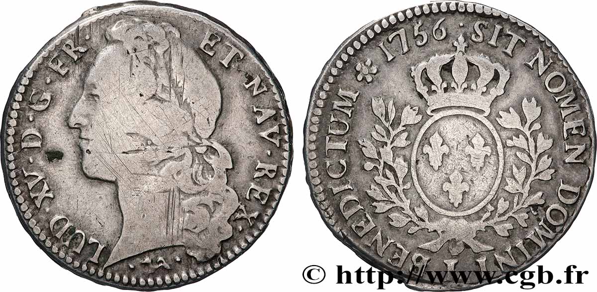 LOUIS XV DIT LE BIEN AIMÉ Demi-écu aux branches d’olivier, tête ceinte d’un bandeau 1756 Bayonne TB