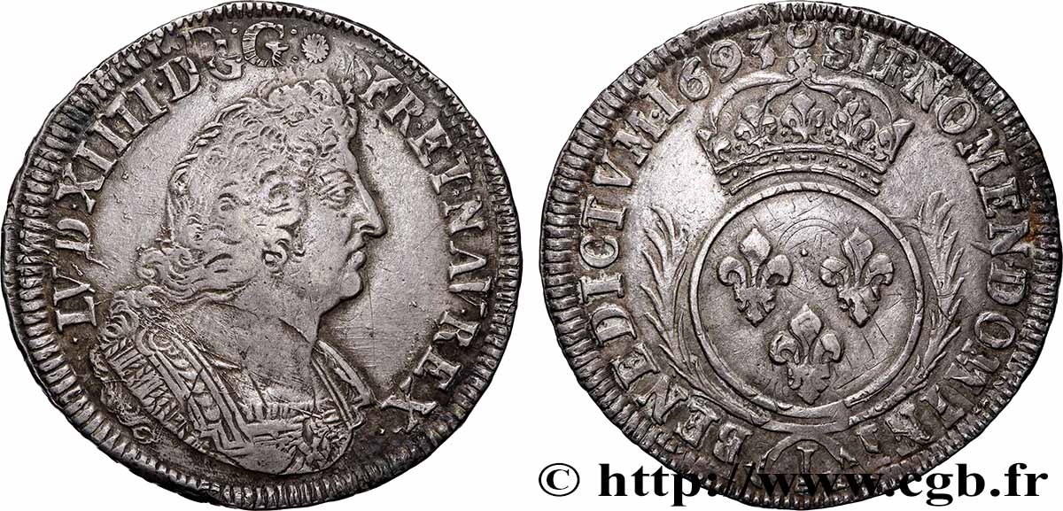 LOUIS XIV LE GRAND OU LE ROI SOLEIL Écu aux palmes 1693 Atelier indéterminé (Limoges ?) TTB+