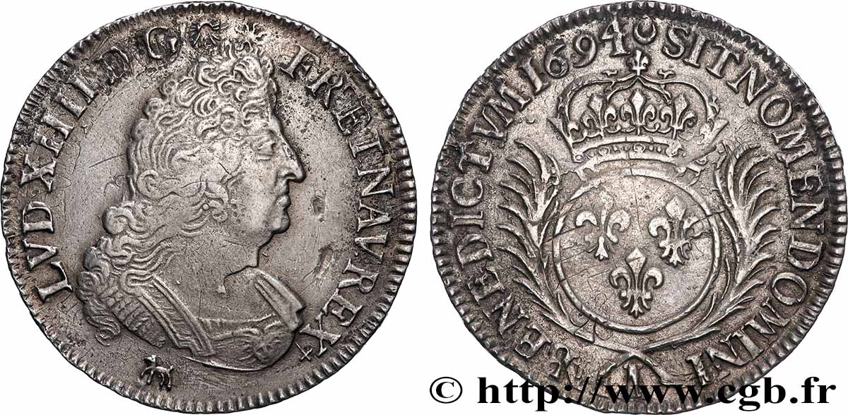 LOUIS XIV LE GRAND OU LE ROI SOLEIL Demi-écu aux palmes 1694 Limoges TB+/TTB+