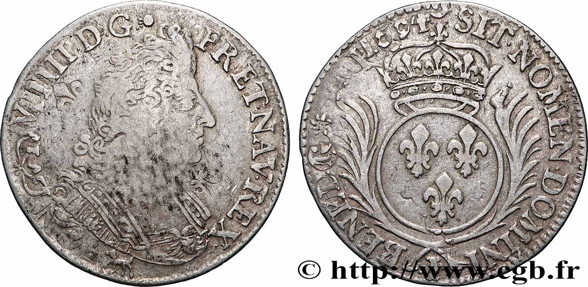 LOUIS XIV &nbsp;THE SUN KING&nbsp; Quart d&nbsp;écu aux palmes 1694 Limoges F/XF