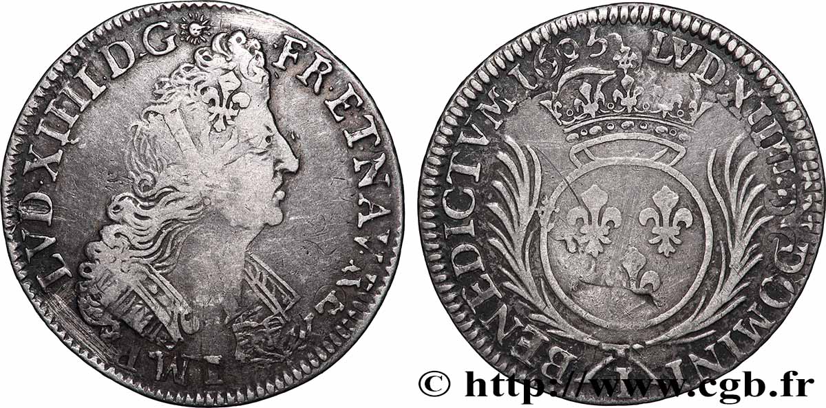 LOUIS XIV &nbsp;THE SUN KING&nbsp; Quart d&nbsp;écu aux palmes 1695 Limoges VF/VF