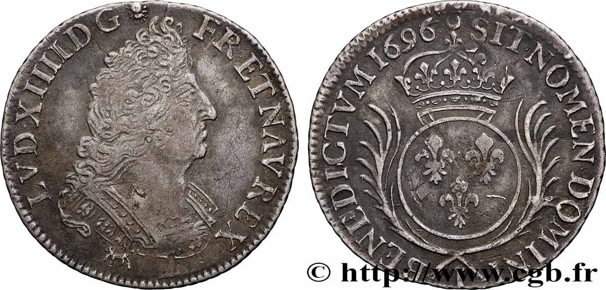 LOUIS XIV &nbsp;THE SUN KING&nbsp; Quart d&nbsp;écu aux palmes 1696 Limoges VF/XF
