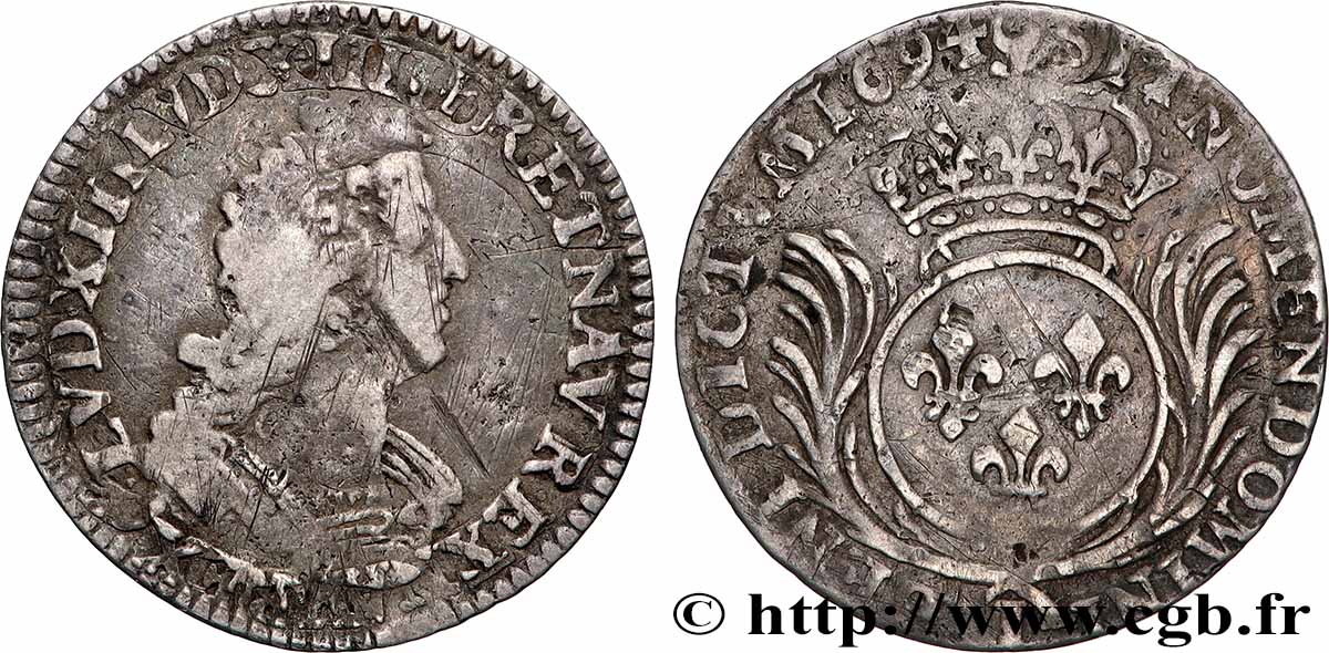 LOUIS XIV LE GRAND OU LE ROI SOLEIL Douzième d&nbsp;écu aux palmes 1694 Limoges B+/TB+