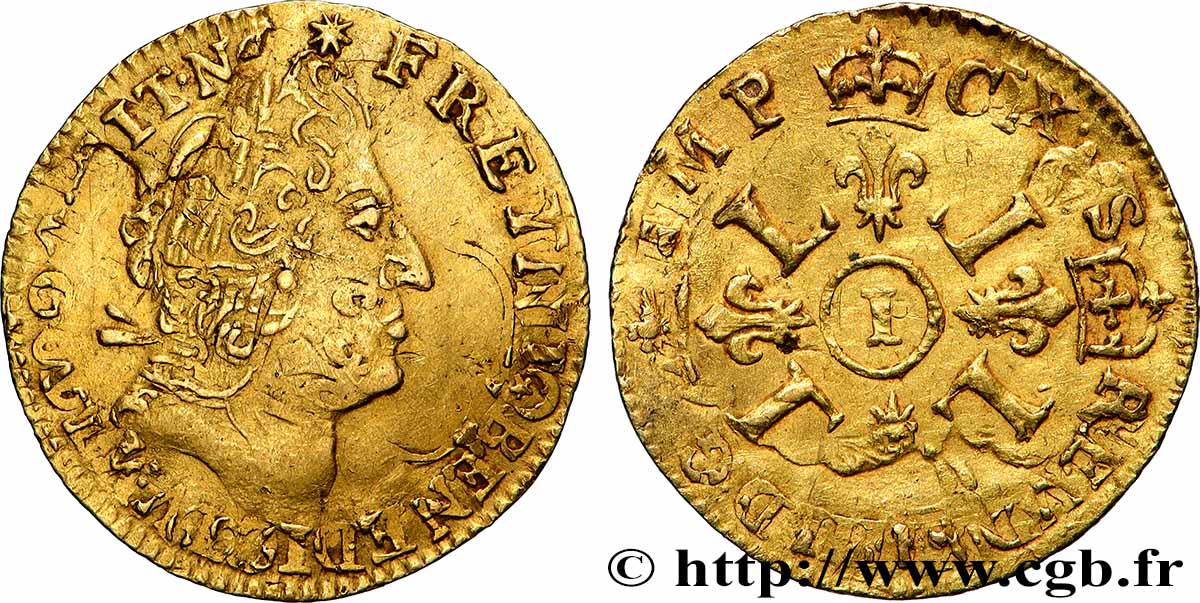 LOUIS XIV &nbsp;THE SUN KING&nbsp; Demi-louis d&nbsp;or aux quatre L, fausse réformation 1696 Limoges AU/AU