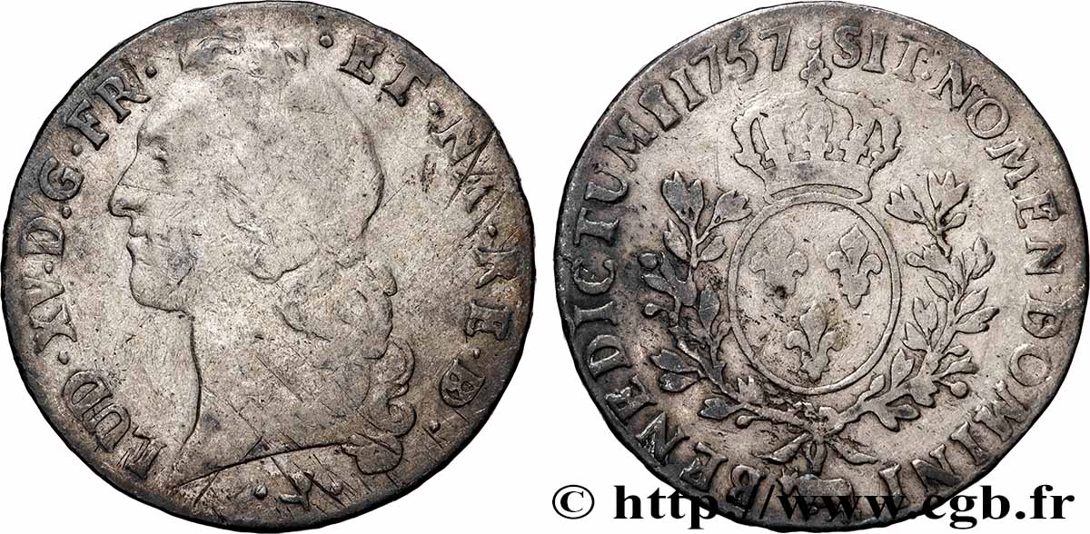 LOUIS XV DIT LE BIEN AIMÉ Écu aux branches d’olivier, tête ceinte d’un bandeau 1757 Pau TB