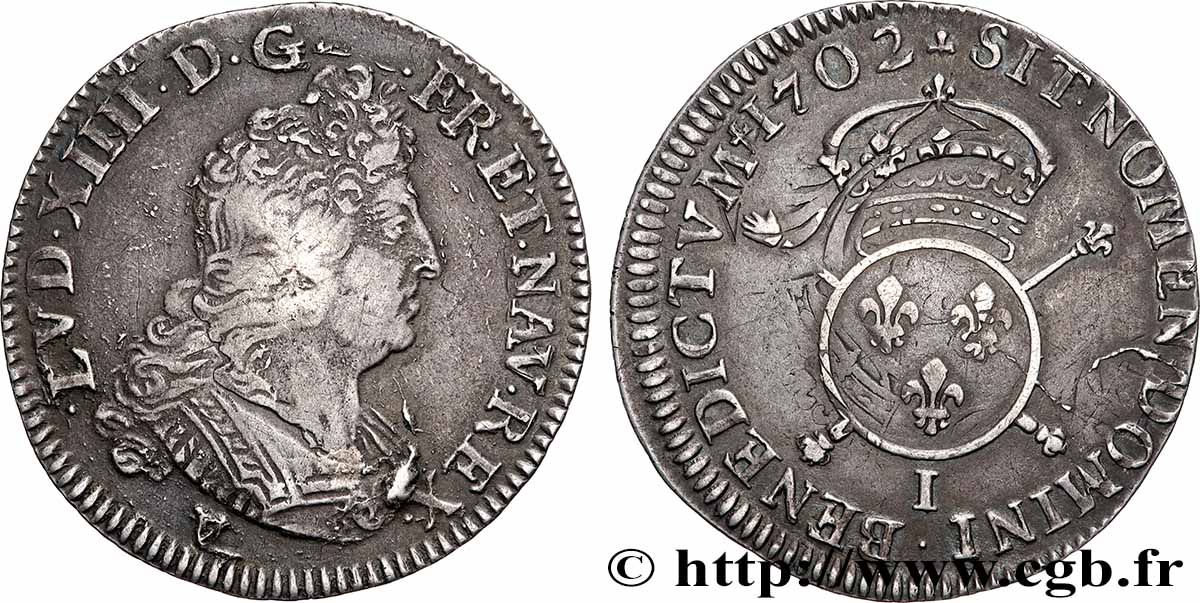 LOUIS XIV &nbsp;THE SUN KING&nbsp; Quart d&nbsp;écu aux insignes 1702 Limoges VF/XF