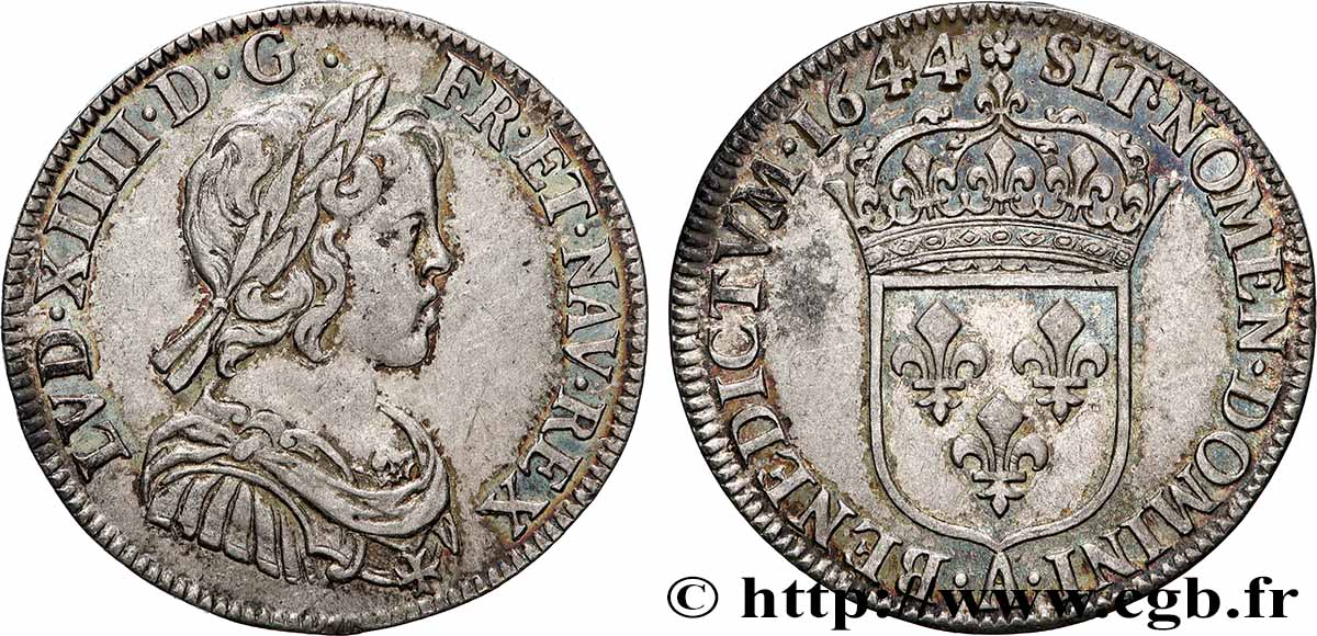 LOUIS XIV LE GRAND OU LE ROI SOLEIL Quart d&nbsp;écu, portrait à la mèche courte 1644 Paris, Monnaie de Matignon TTB+
