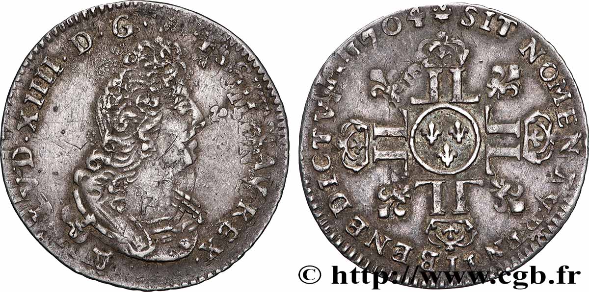 LOUIS XIV &nbsp;THE SUN KING&nbsp; Douzième d&nbsp;écu aux huit L, 2e type 1704 Limoges XF/AU