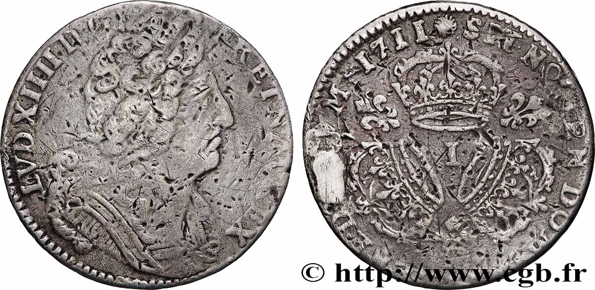 LOUIS XIV LE GRAND OU LE ROI SOLEIL Quart d&nbsp;écu aux trois couronnes 1711 Limoges TB/B+