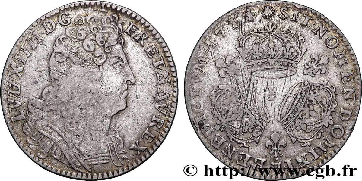 LOUIS XIV LE GRAND OU LE ROI SOLEIL Quart d&nbsp;écu aux trois couronnes 1714 Limoges TB+
