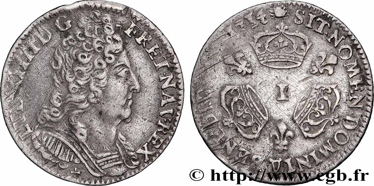 LOUIS XIV LE GRAND OU LE ROI SOLEIL Dixième d&nbsp;écu aux trois couronnes 1714 Limoges TTB/TB+