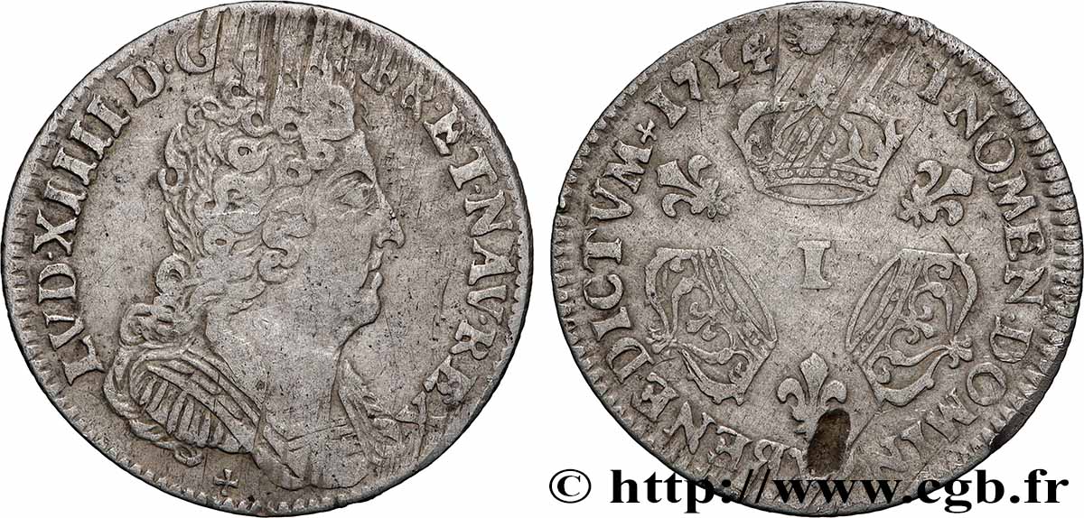 LOUIS XIV &nbsp;THE SUN KING&nbsp; Dixième d&nbsp;écu aux trois couronnes 1714 Limoges fSS/S