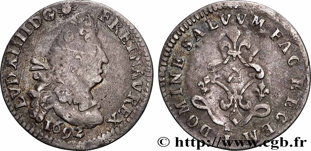 LOUIS XIV &nbsp;THE SUN KING&nbsp; Quatre sols aux deux L 1692 Limoges VF