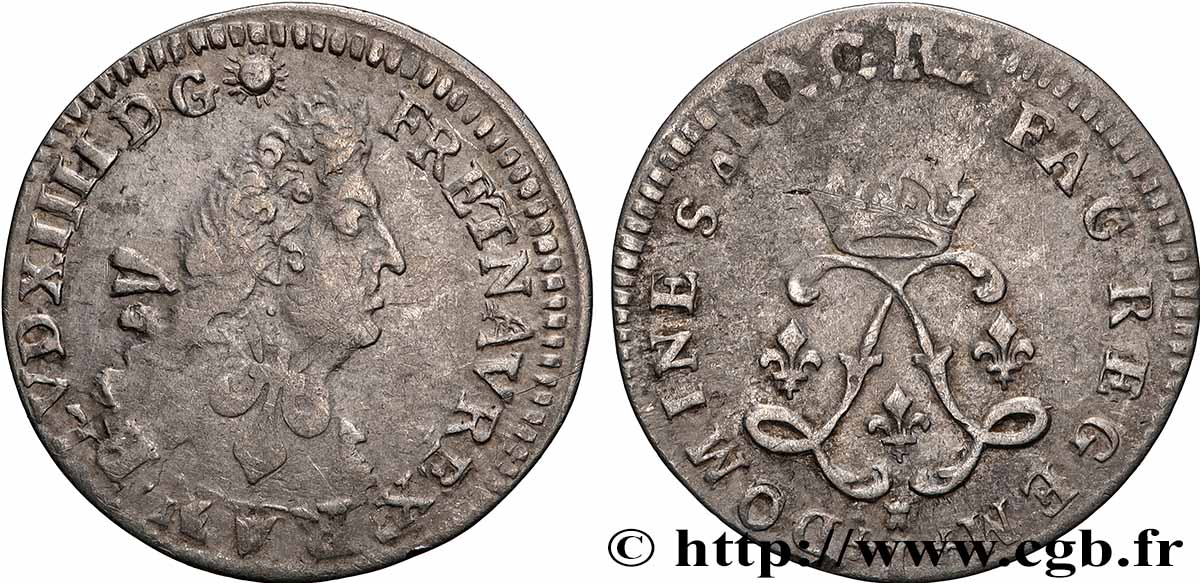 LOUIS XIV LE GRAND OU LE ROI SOLEIL Quatre sols aux deux L 1692 Limoges TB+