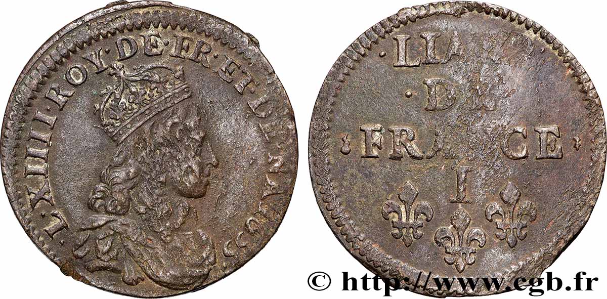 LOUIS XIV &nbsp;THE SUN KING&nbsp; Liard de cuivre 1655 Limoges AU/XF