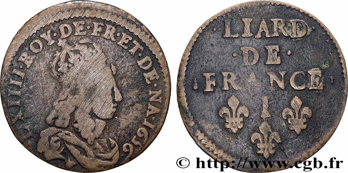 LOUIS XIV LE GRAND OU LE ROI SOLEIL Liard de cuivre 1656 Limoges TB
