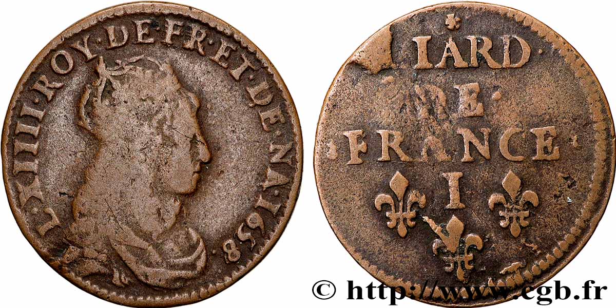 LOUIS XIV LE GRAND OU LE ROI SOLEIL Liard de cuivre 1658 Limoges B+/TB+