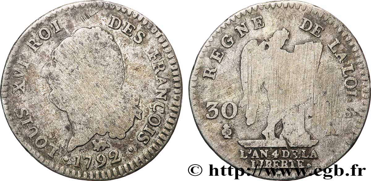 LOUIS XVI (MONARQUE CONSTITUTIONNEL)  30 sols dit &nbsp;au génie&nbsp;, type FRANÇOIS 1792 Paris B+