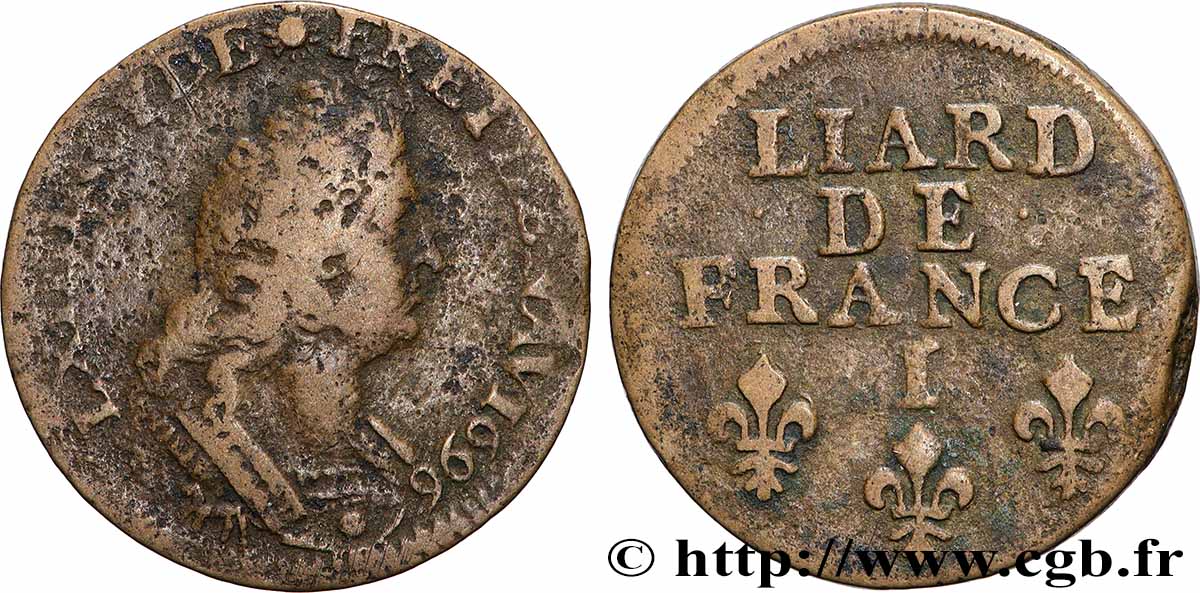 LOUIS XIV LE GRAND OU LE ROI SOLEIL Liard, 3e type, buste âgé 1696 Limoges B+/TTB
