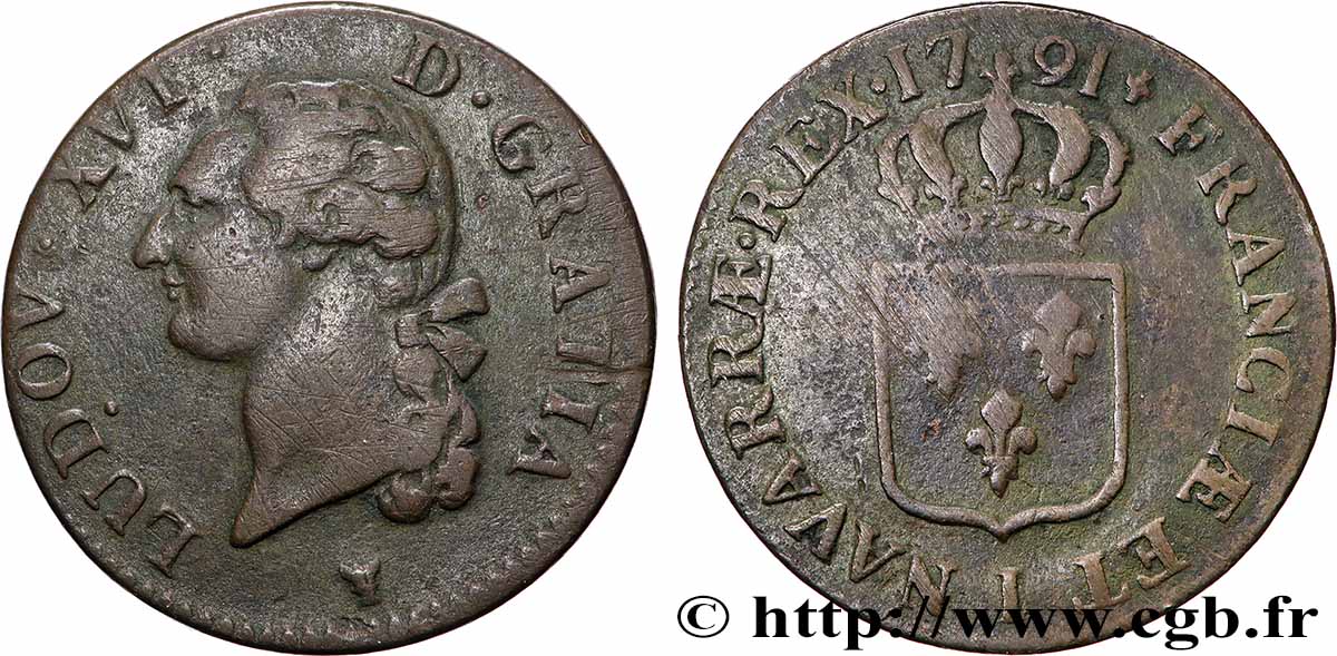 LOUIS XVI (MONARQUE CONSTITUTIONNEL)  Sol dit &nbsp;à l&nbsp;écu&nbsp; 1791 Limoges TB+/TB