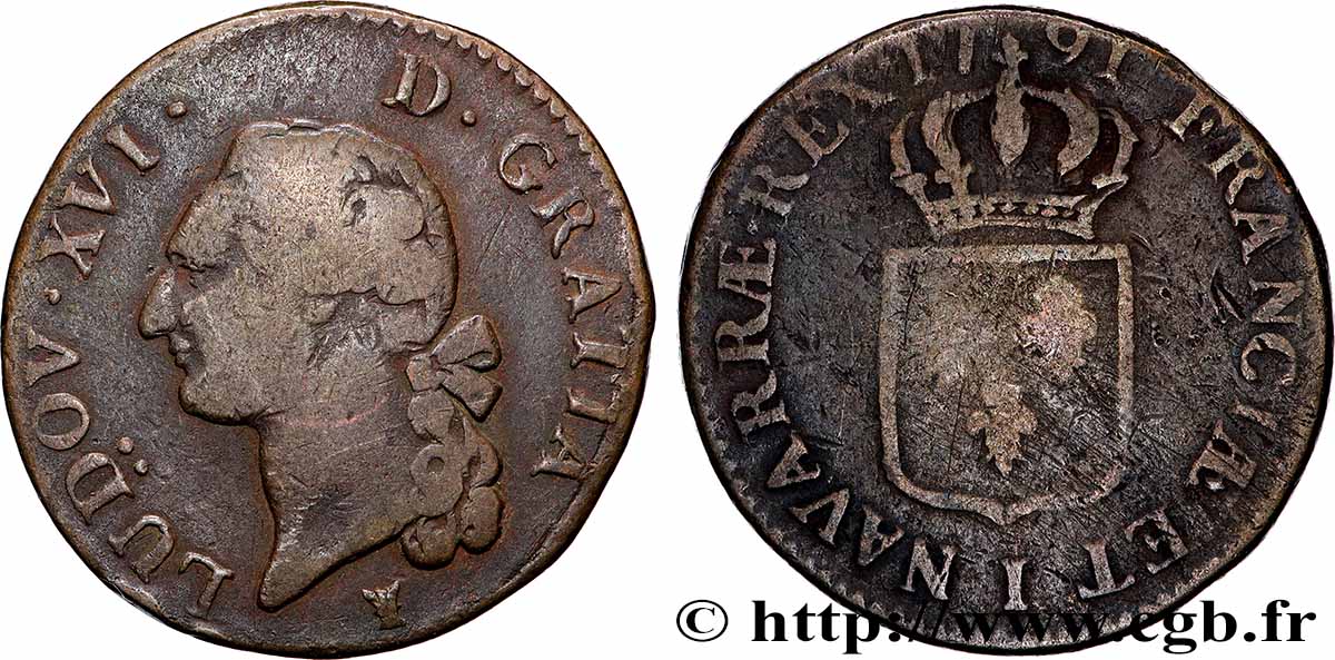 LOUIS XVI (MONARQUE CONSTITUTIONNEL)  Sol dit &nbsp;à l&nbsp;écu&nbsp; 1791 Limoges TB+/TB
