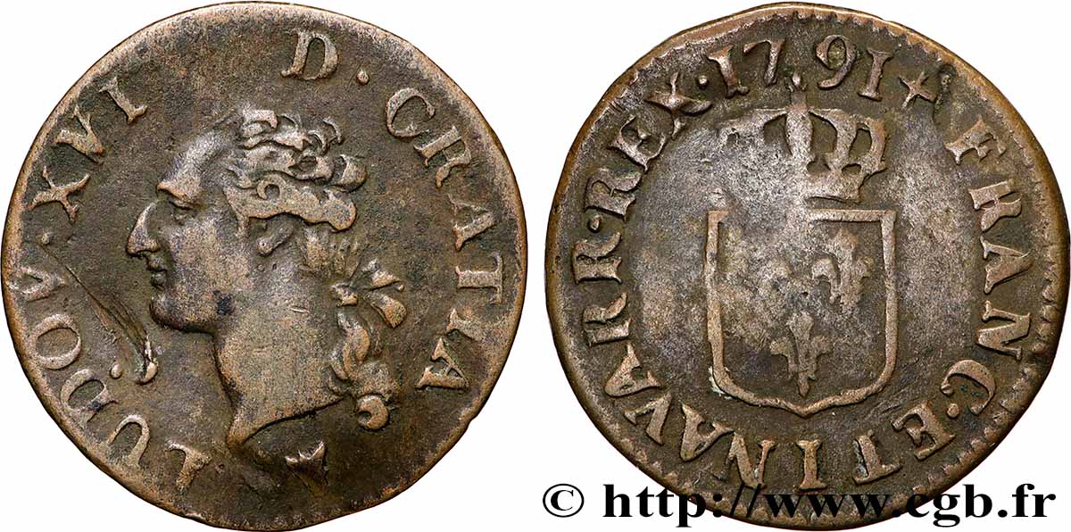LOUIS XVI (MONARQUE CONSTITUTIONNEL)  Liard dit &nbsp;à l&nbsp;écu&nbsp; 1791 Limoges TB+/TB