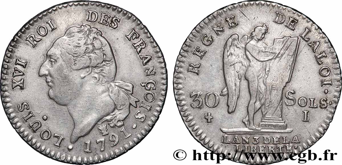 LOUIS XVI (MONARQUE CONSTITUTIONNEL)  30 sols dit &nbsp;au génie&nbsp;, type FRANÇOIS 1791 Limoges TTB+