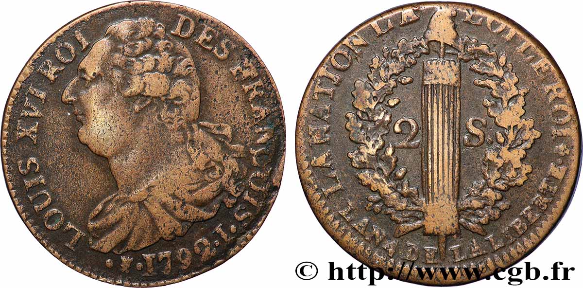 LOUIS XVI 2 sols dit &nbsp;au faisceau&nbsp;, type FRANÇOIS 1792 Limoges MBC+