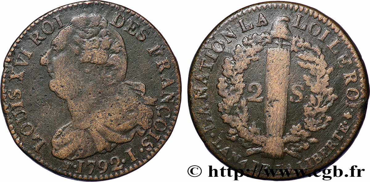 LOUIS XVI 2 sols dit &nbsp;au faisceau&nbsp;, type FRANÇOIS 1792 Limoges SS/fSS