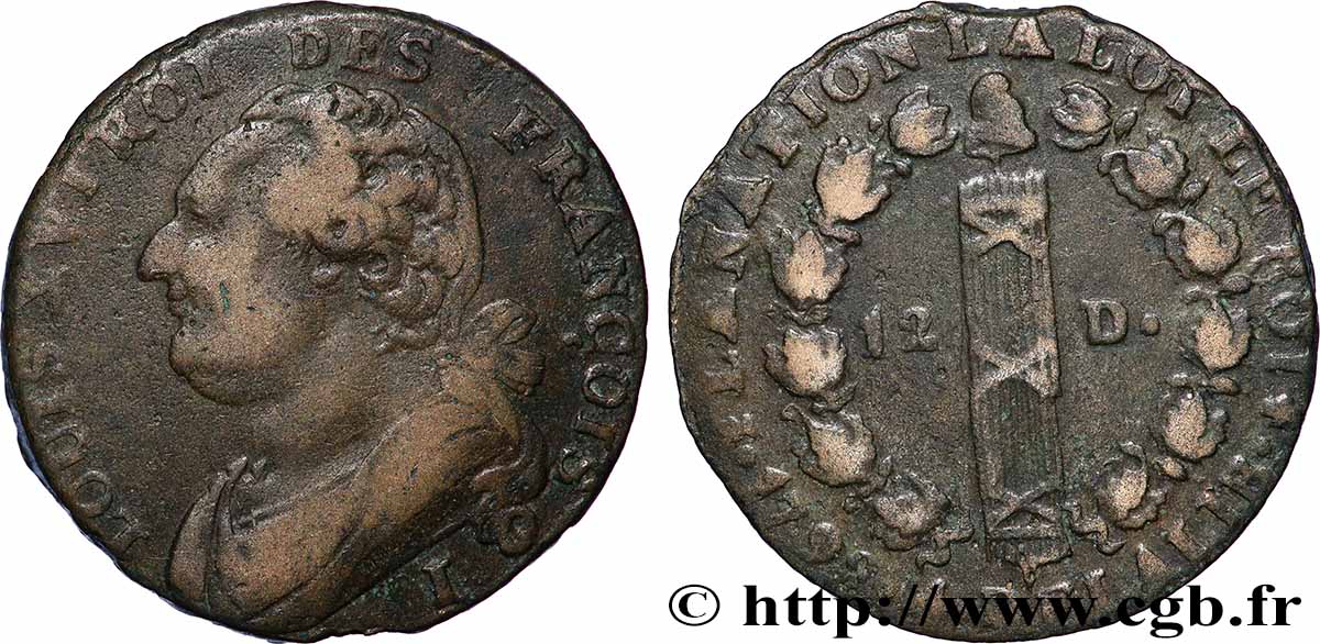 LOUIS XVI (MONARQUE CONSTITUTIONNEL)  12 deniers dit &nbsp;au faisceau&nbsp;, type FRANÇOIS 1792 Limoges TB+/TTB