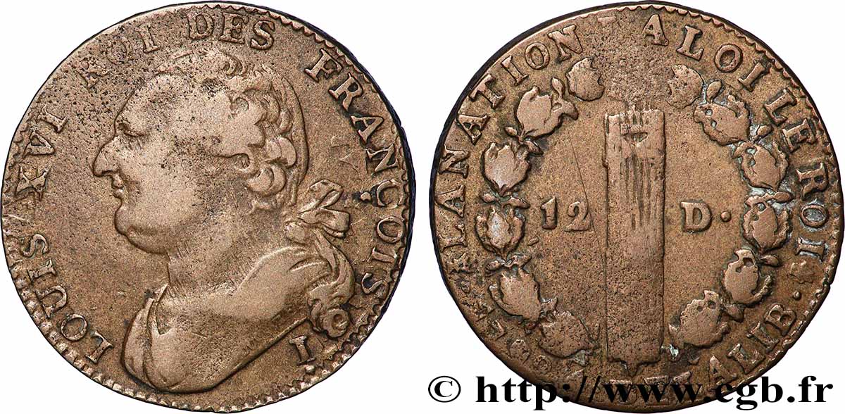 LOUIS XVI (MONARQUE CONSTITUTIONNEL)  12 deniers dit &nbsp;au faisceau&nbsp;, type FRANÇOIS 1792 Clermont-Ferrand TTB/TB+