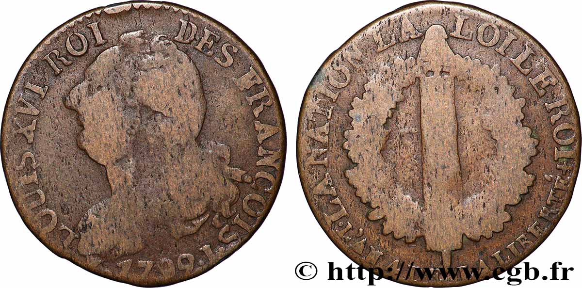 LOUIS XVI (MONARQUE CONSTITUTIONNEL)  6 deniers dit &nbsp;au faisceau&nbsp;, type FRANÇOIS 1792 Limoges TB