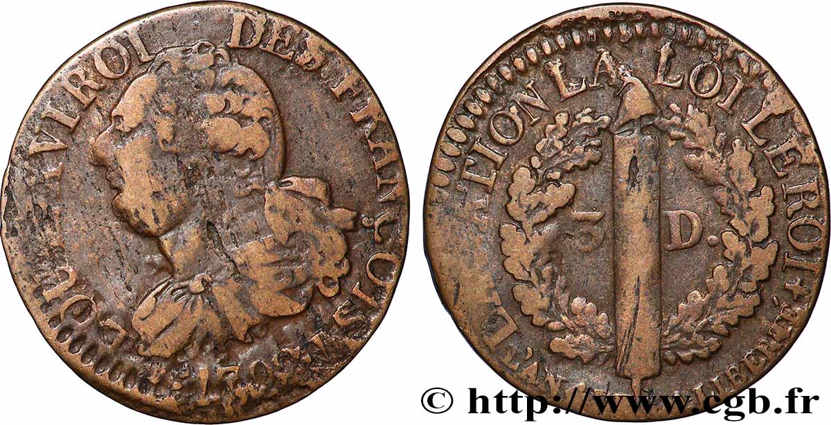 LOUIS XVI 3 deniers dit &nbsp;au faisceau&nbsp;, type FRANÇOIS 1792 Limoges BC+/BC