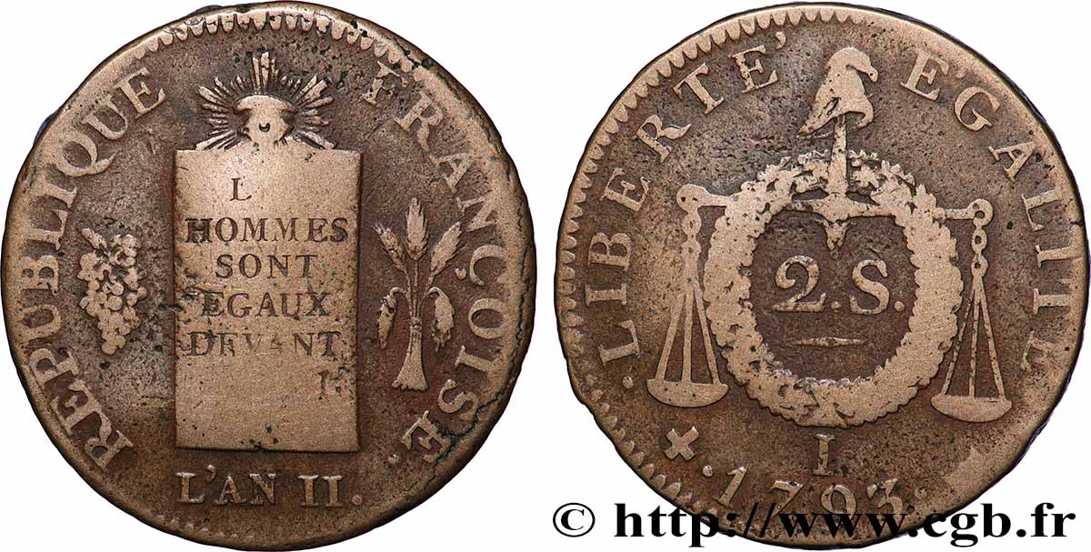 CONVENCION NACIONAL 2 sols dit &nbsp;à la table de loi&nbsp; 1793 Limoges BC+