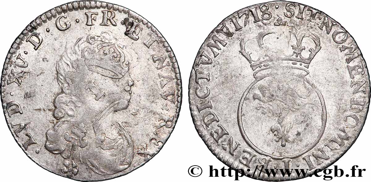LOUIS XV &nbsp;THE WELL-BELOVED&nbsp; Dixième d&nbsp;écu dit &nbsp;vertugadin&nbsp; 1718 Limoges XF/AU