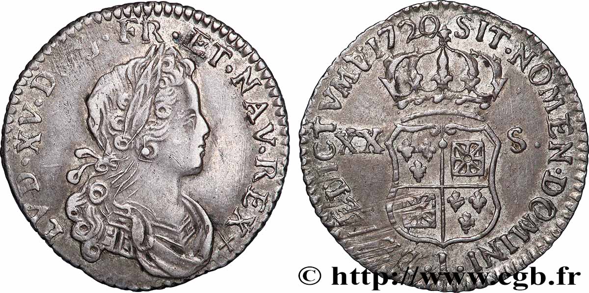 LOUIS XV &nbsp;THE WELL-BELOVED&nbsp; XX sols de Navarre 1720 Limoges AU/AU