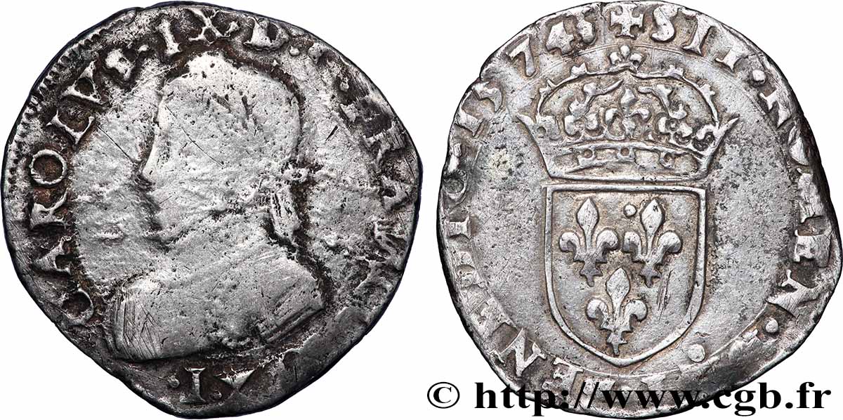 CHARLES IX Teston, 5e type 1574 Limoges VF/XF