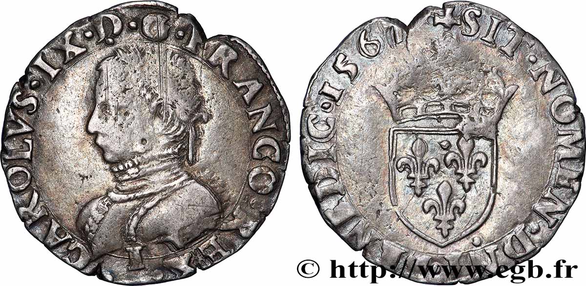 CHARLES IX Demi-teston, 5e type 1567 Limoges TB+/TTB+