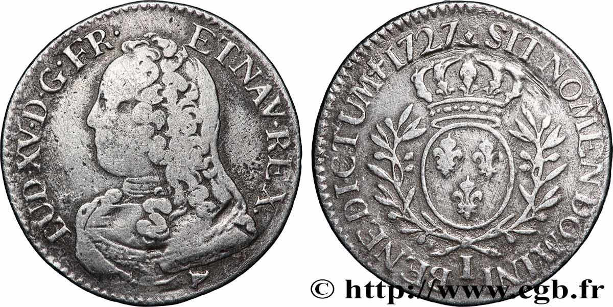 LOUIS XV DIT LE BIEN AIMÉ Cinquième d&nbsp;écu aux branches d&nbsp;olivier, buste habillé 1727 Limoges TB+/TTB