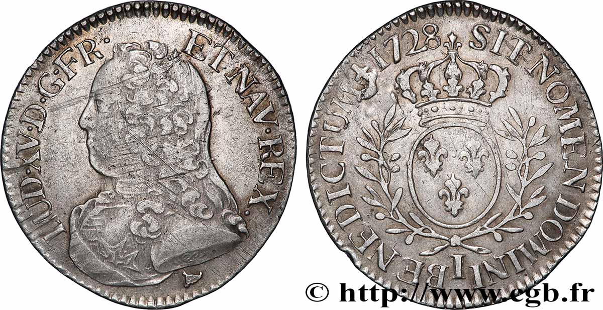 LOUIS XV DIT LE BIEN AIMÉ Cinquième d&nbsp;écu aux branches d&nbsp;olivier, buste habillé 1728 Limoges TTB/TTB+
