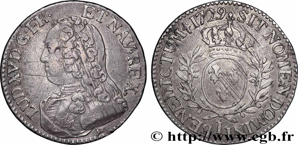 LOUIS XV DIT LE BIEN AIMÉ Cinquième d&nbsp;écu aux branches d&nbsp;olivier, buste habillé 1729 Limoges TB+/TTB