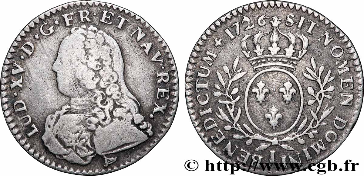LOUIS XV THE BELOVED Dixième d’écu aux branches d’olivier, buste habillé 1726 Limoges VF/XF